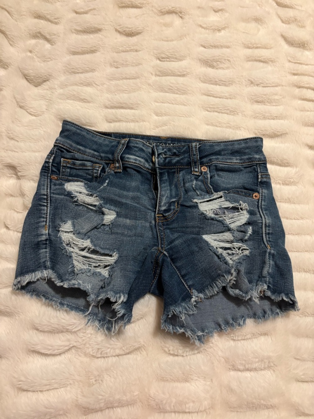 American Eagle Outfitters Blue Distressed Midi Denim Cutoff Shorts